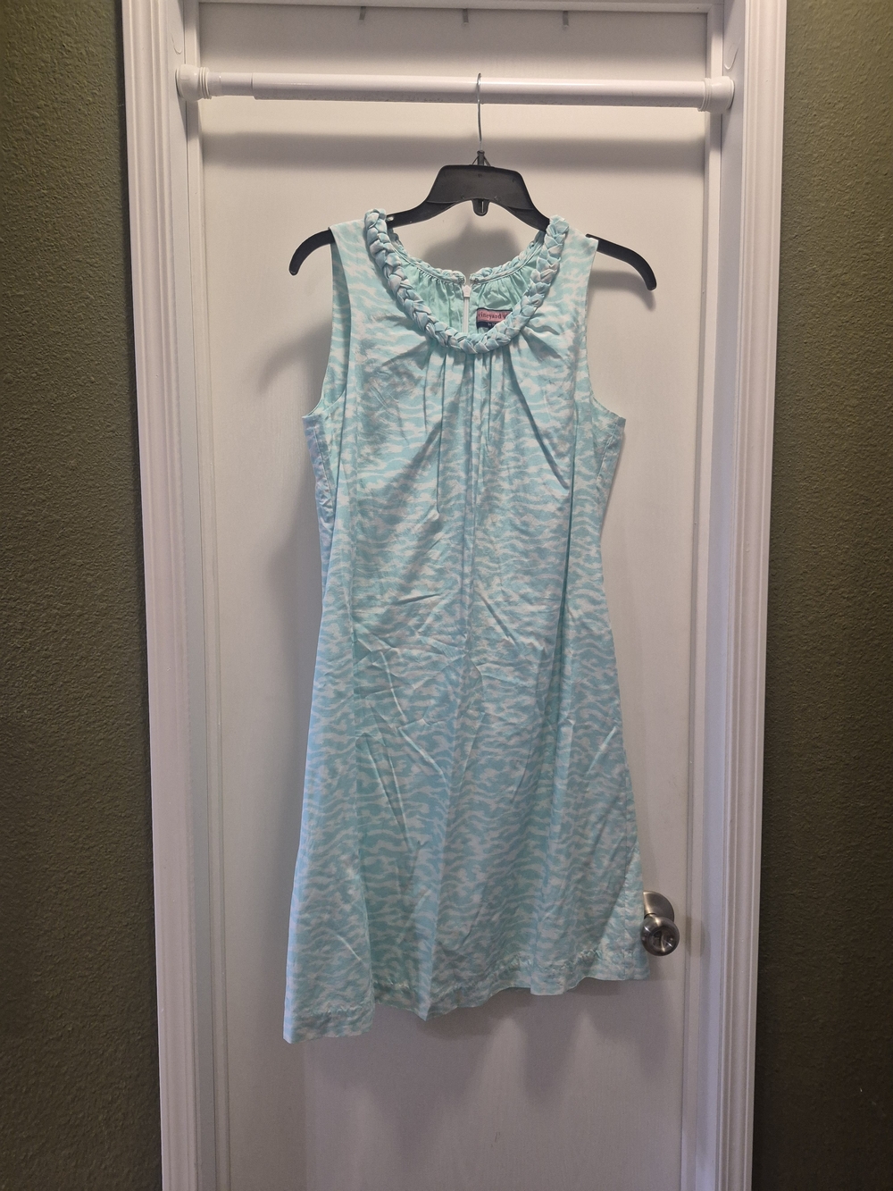 Vineyard Vine Light Blue Patterned Sleeveless Dress with Ruffle Neck